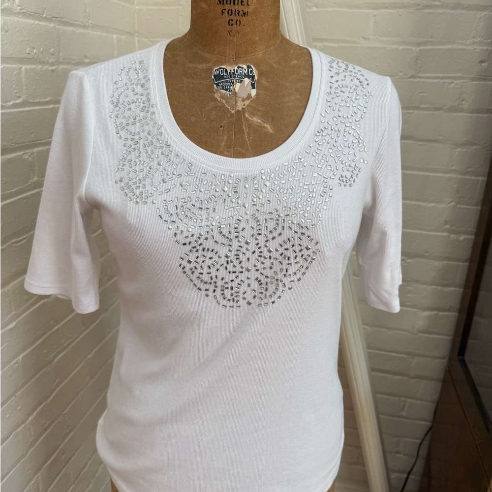 Chico's White Studded Short Sleeve Top